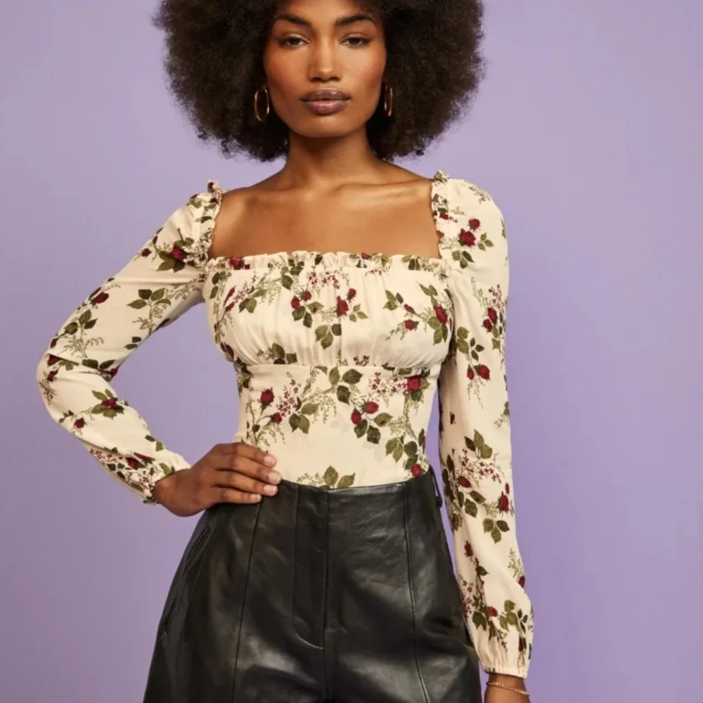 Reformation Cream Floral Puff-Sleeve Blouse with Red & Green Roses
